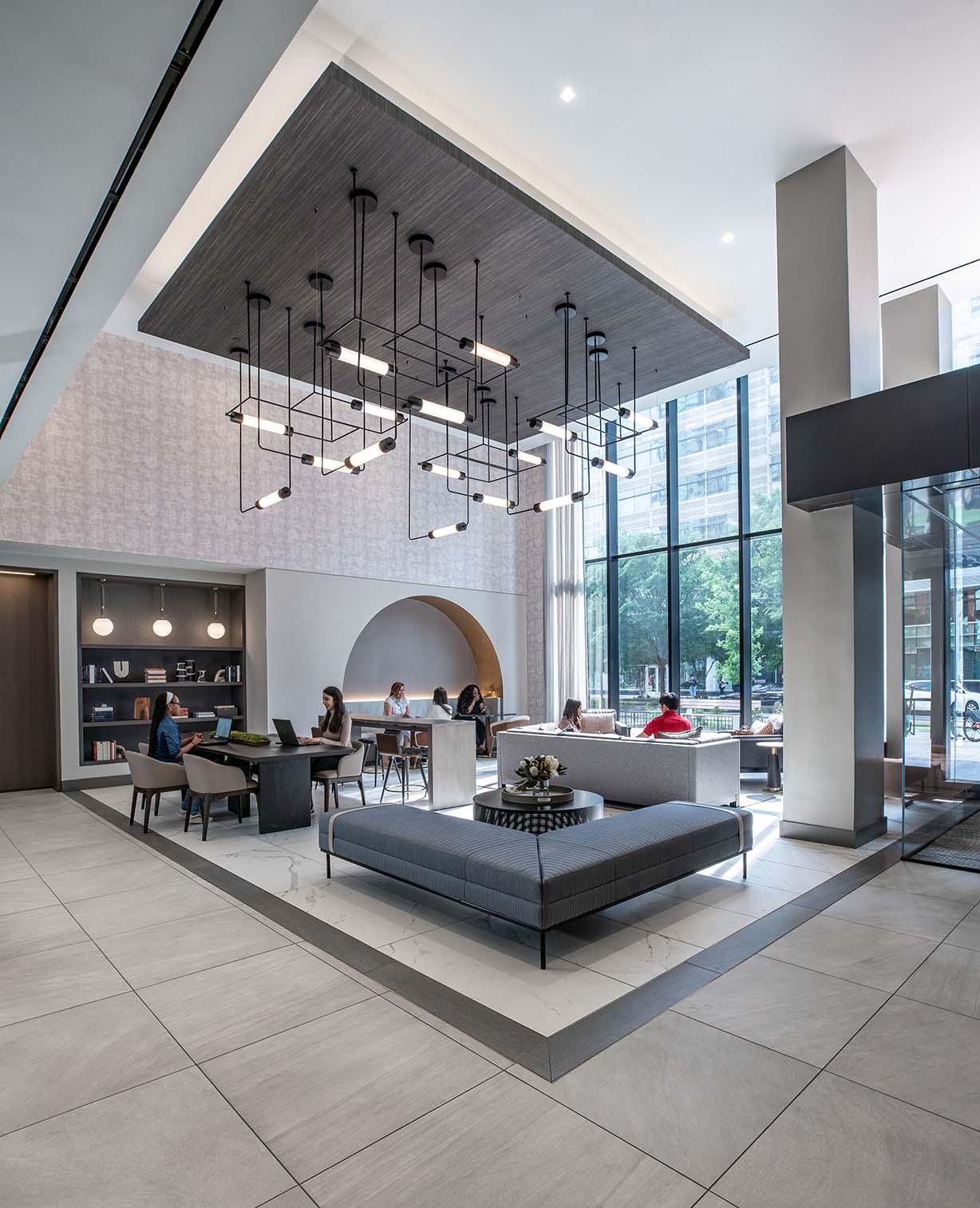 Modern lobby with stylish seating areas