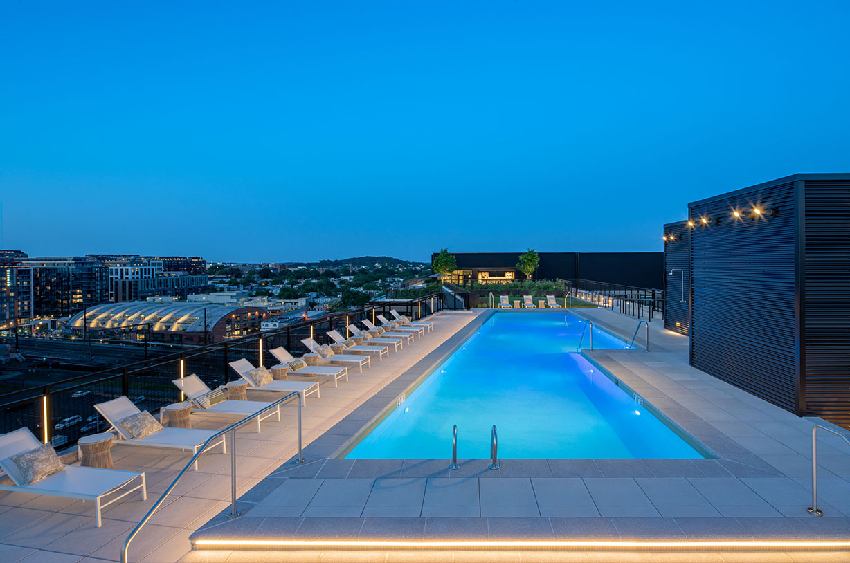 Rooftop pool with city skyline view