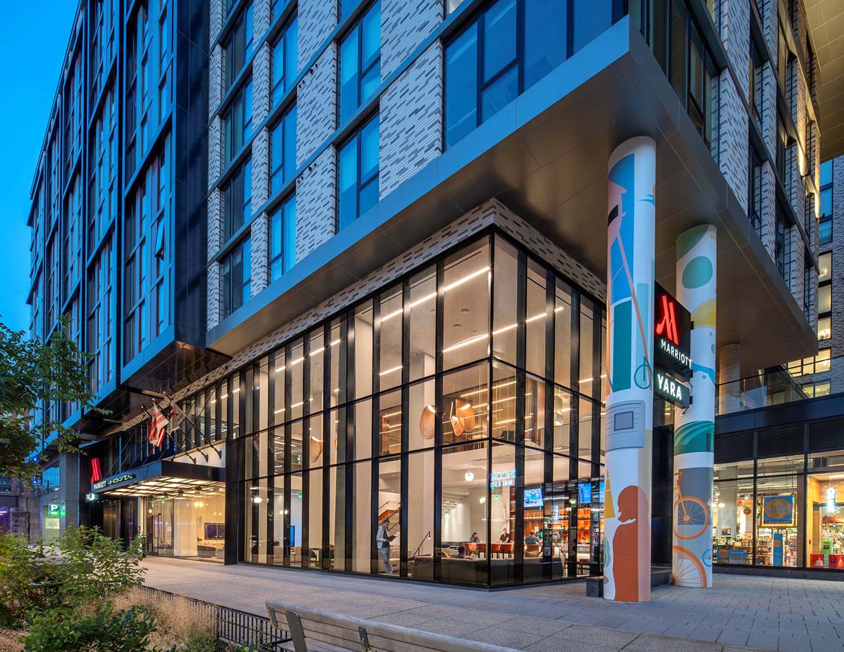 Modern hotel exterior at twilight