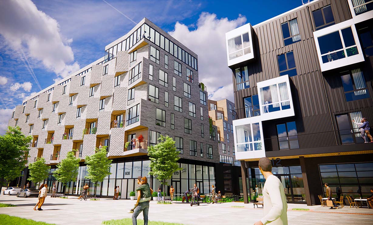 Modern buildings with people outdoors.