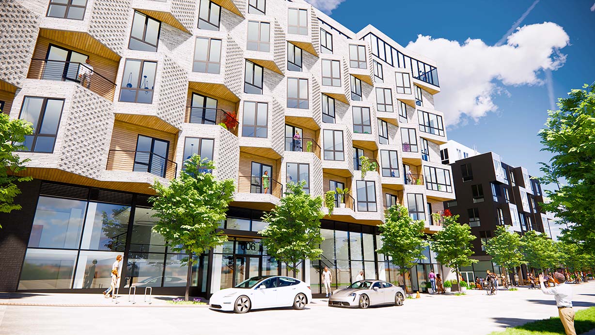 Modern apartment building with greenery.