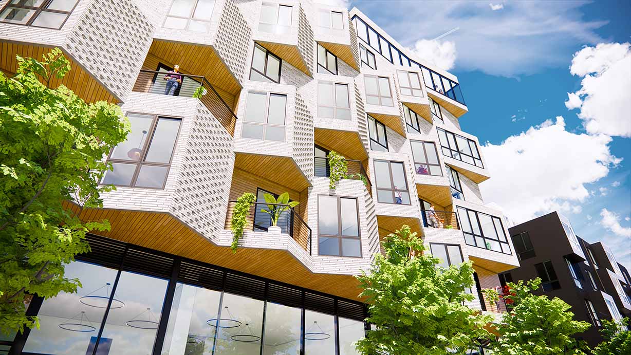 Modern building with balconies and greenery