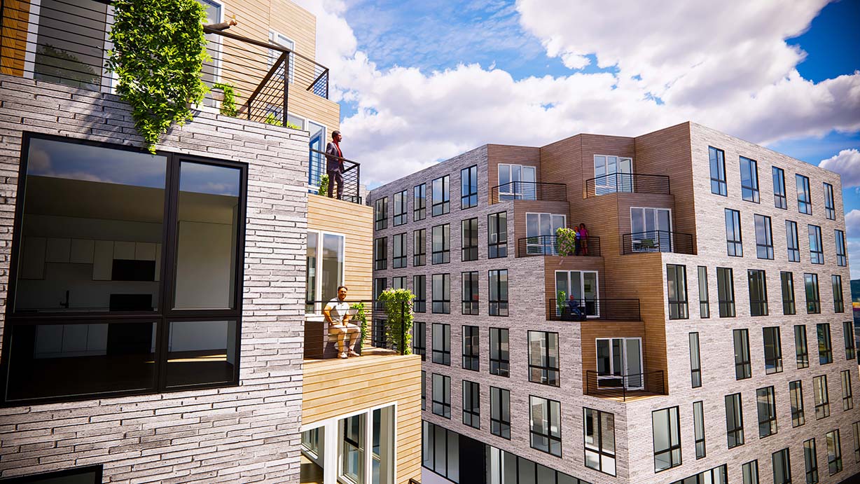 Modern apartment buildings under cloudy sky