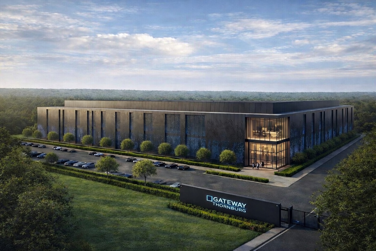 Modern data center surrounded by trees